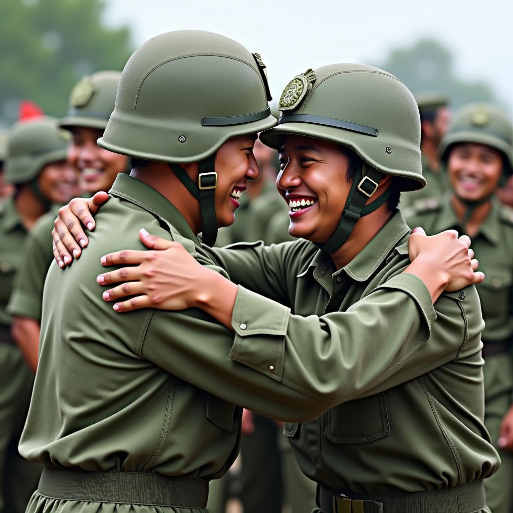 Ảnh chú bộ đội thể hiện tình cảm đồng đội, sẻ chia, giúp đỡ lẫn nhau trong quân ngũ